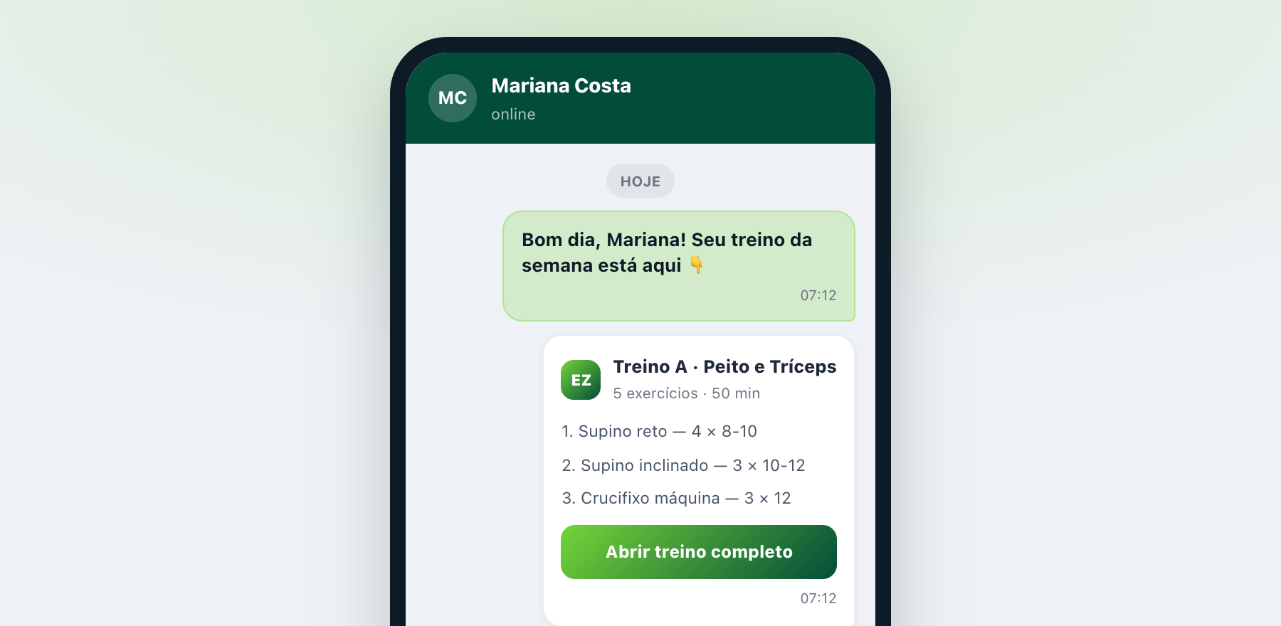 Treino escrito numa mensagem de WhatsApp, com o botão para abrir o link do treino
