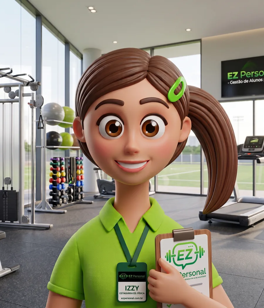 Izzy, a estagiária de educação física do EZ Personal, de polo verde e crachá, segurando uma prancheta numa academia